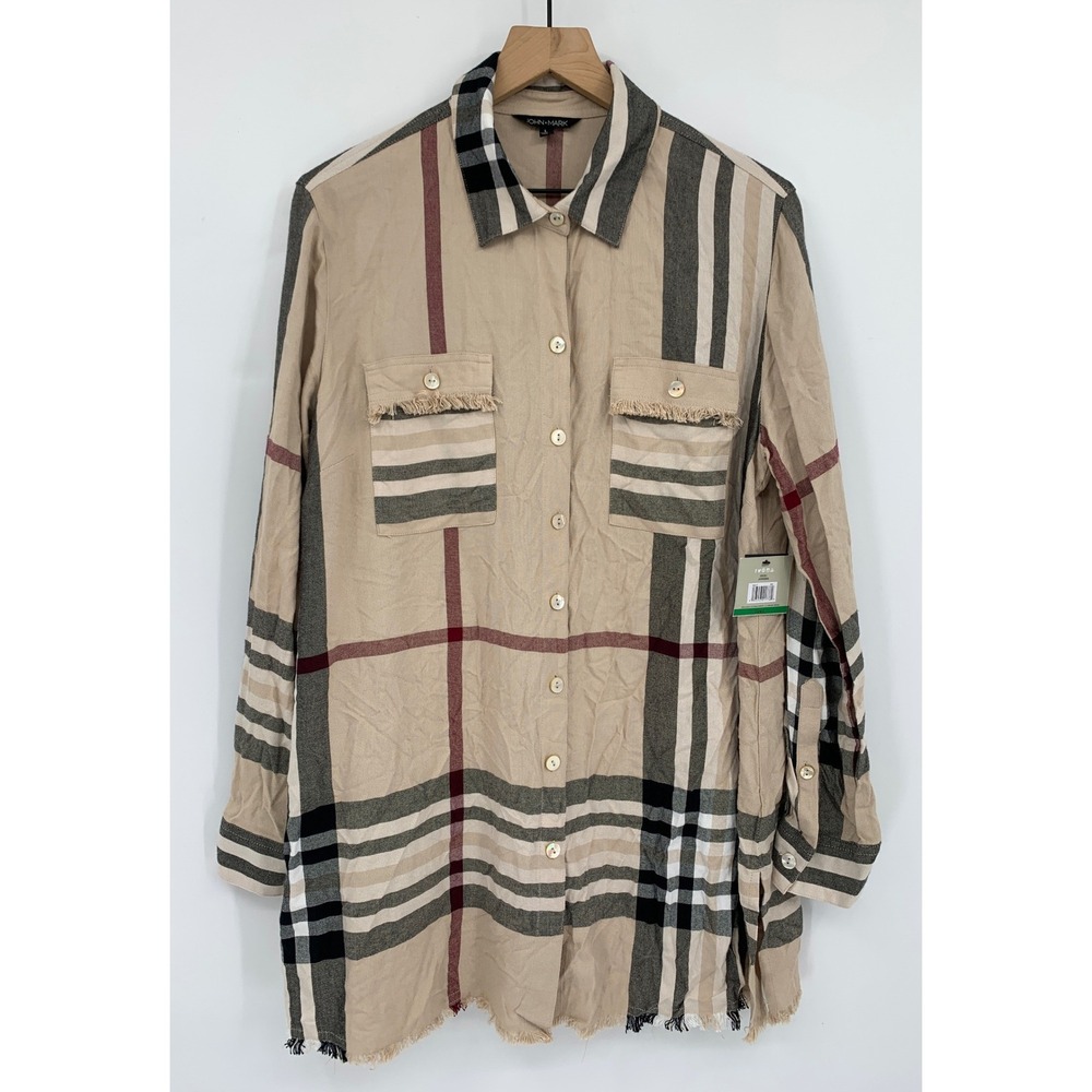 John Mark Shirt Womens Large Beige Plaid Button Down Frayed Hem Long Sleeve NEW